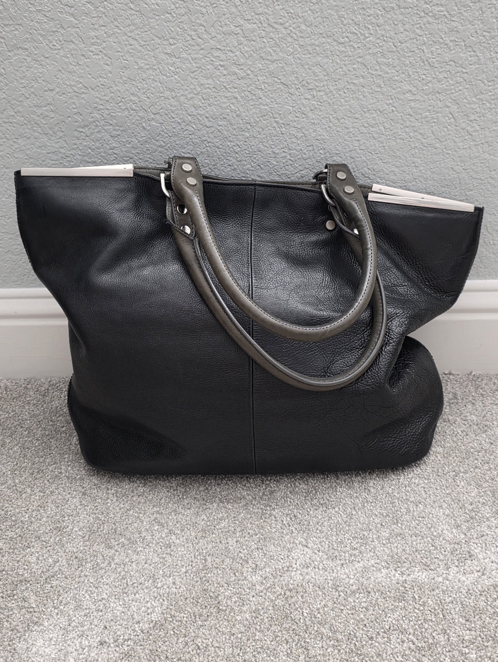Kenneth Cole New York Black Leather Tote with Gray Handles